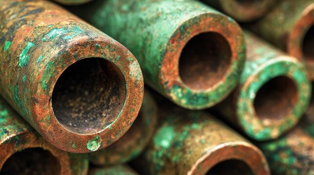 Copper pipes with green oxidation patterns