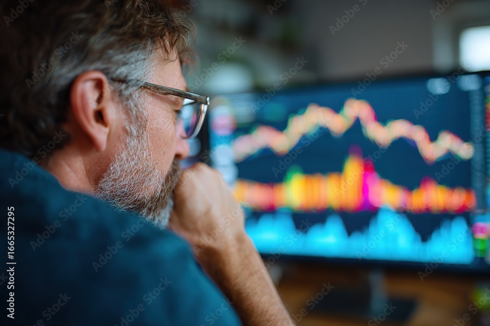 Poster individual analyzing financial data on a computer screen with visual graphs and statistics