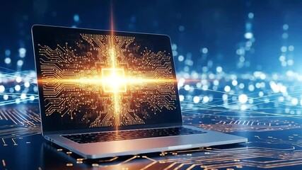Futuristic laptop displaying a glowing orange circuit board with intricate connections, symbolizing advanced technology and digital data processing against a blurred blue background - Powered by Adobe