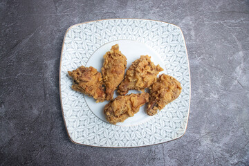Golden Brown Crispy Fried Chicken Wings in plate top view of a Popular Snack