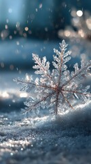 Delicate snowflake sparkling in winter sunlight on a snowy landscape during the morning hours