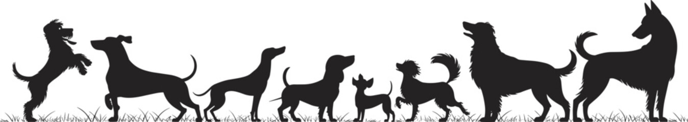 Silhouette of dogs in various poses, dog breeds in grass, playful pets, dog collection, black dog silhouettes for design