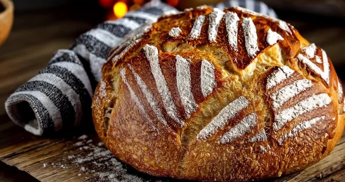 Close-up of artisan bread crust with cracked flour dusting