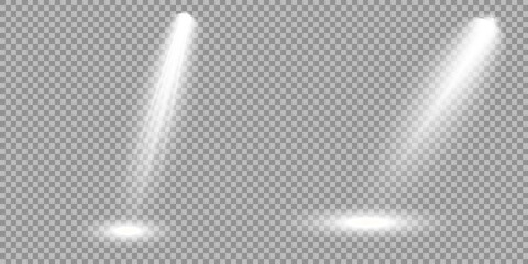 Spotlight on dark wall, realistic soft concert light on abstract stage png. Realistic light source set on transparent bg with reflection on floor. Scene floodlight spotlight stage beam. Lighted scene.