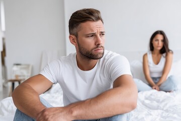 Fototapeta premium Young man sits on bed with worried expression while a woman sits nearby, potency problems