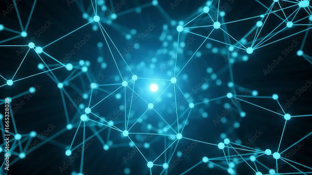 Poster abstract glowing blue network of interconnected nodes and lines, representing technology, data, and 