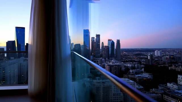 City view from hotel room with white comforter bed.