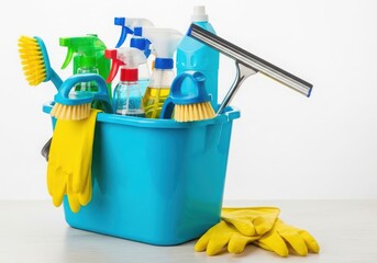 Bucket filled with cleaning supplies and tools isolated on white background