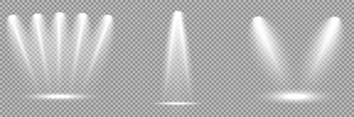 Spotlight on dark wall, realistic soft concert light on abstract stage png. Realistic light source set on transparent bg with reflection on floor. Scene floodlight spotlight stage beam. Lighted scene.