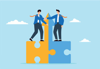 Two businessmen shaking hands on connected growth arrow puzzle pieces, illustrating joint venture or business partnership. Concept of share resources and work together to common goal through mergers