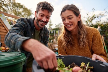 Couple engaged in composting food scraps in their backyard garden together
