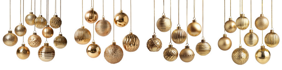 Elegant gold christmas ornaments hanging isolated on transparent background, creating a festive and luxurious atmosphere for the holiday season celebration