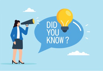Flat illustration of woman speaks on megaphone with Did You Know speech bubble sharing fun facts and advice