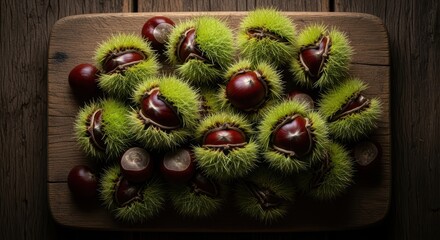 Fresh chestnuts with spiky green husks on wooden board