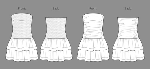 Vector mini strapless peplum dress fashion CAD, flare woman skirt with gathering detail sketch, template, flat, technical drawing. Woven fabric 2 pcs set of dress with front, back view in white color