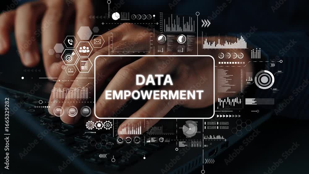 Poster empowering data visualization concept with technology and human interaction for modern business solu
