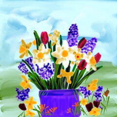 spring flowers bouquet and blue sky with clouds