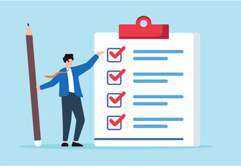 Flat illustration of team leader marks items on printed business checklist