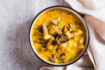 Close up of delicious soup with vegetables, mushrooms and cheese in a bowl on the table top view