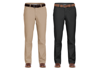 Men's Tan and Black Chino Dress Pants with Belts & Shoes, isolated on white transparent background