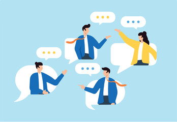 Business people engage in conversation with speech bubbles