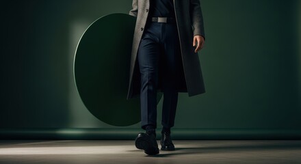 Stylish male fashion: young caucasian man in overcoat and trousers walking with circle object