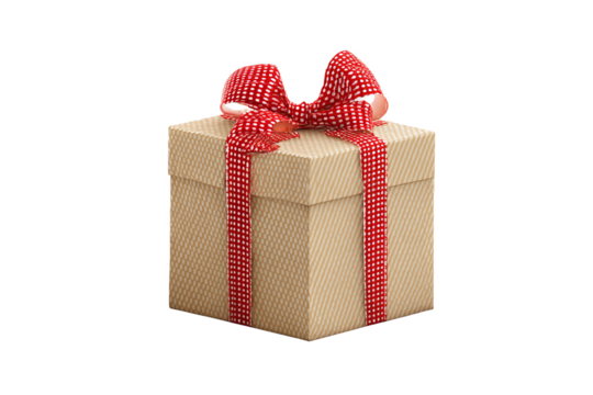 Beige gift box with red polka dot ribbon and bow, isolated on white transparent background.