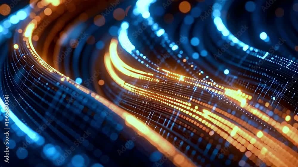 Poster luminous golden and electric blue data streams dynamically flowing, undulating through digital cyber