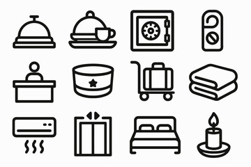 Set of 12 black hotel and hospitality icons in flat vector style with white background, ideal for apps, websites, and booking platforms.