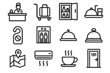 Set of 12 black hotel service and amenities icons in flat vector style with white background, ideal for booking apps, websites, and tourism design.