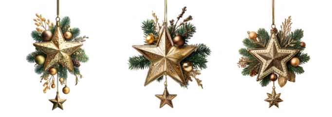 Three gold star christmas ornaments with green pine branches, gold balls, and glitter, isolated on transparent background