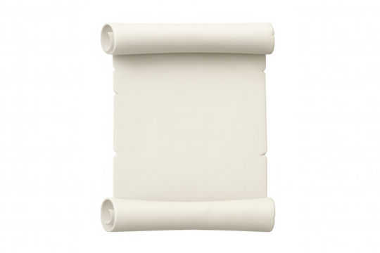 White paper scroll curling elegantly, empty space ready for personalized text or creative design against transparent background