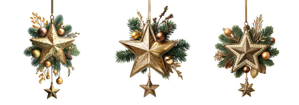 Three gold star christmas ornaments with green pine branches, gold balls, and glitter, isolated on transparent background