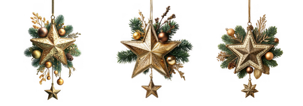 Three gold star christmas ornaments with green pine branches, gold balls, and glitter, isolated on transparent background