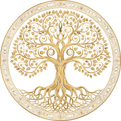 Golden Tree of Life Vector Illustration with Ornamental Circular Frame, Spiritual Symbol of Growth, Balance, and Nature for Art, Decor, and Tattoos