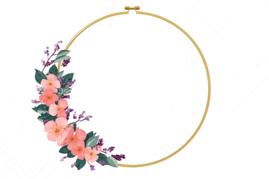 Golden Embroidery Hoop Frame with Floral Wreath isolated on white transparent background