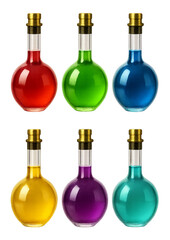 Set of Six Colorful Potion Bottles &ndash; Glossy Fantasy Flasks on Transparent Background