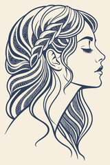Vintage-style monochrome line art portrait of a female face with abstract wave brushstrokes and delicate engraved details in deep blue ink 