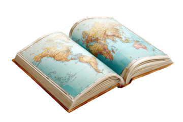 Open antique book with world map, isolated on white transparent background