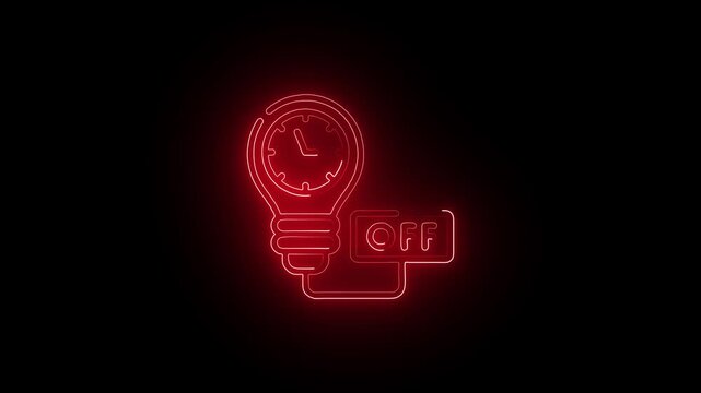Neon glowing light bulb with clock and off switch icon animated on black background. neon glowing electricity power off concept