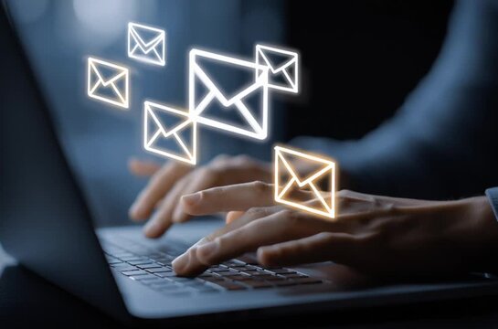 Manos tecleando en laptop port&aacute;til con iconos de correo electr&oacute;nico flotando, concepto de comunicaci&oacute;n digital y productividad