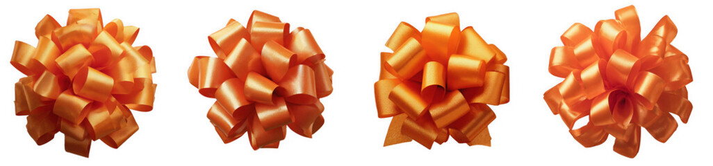 Four orange gift bows isolated on transparent background, perfect for adding a festive touch to your holiday or birthday designs and celebrations