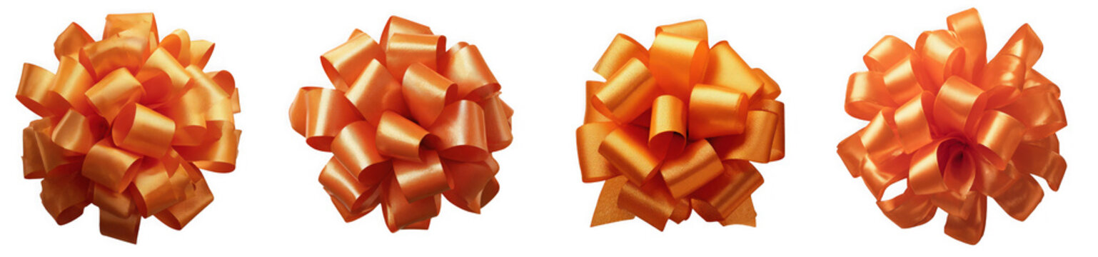 Four orange gift bows isolated on transparent background, perfect for adding a festive touch to your holiday or birthday designs and celebrations