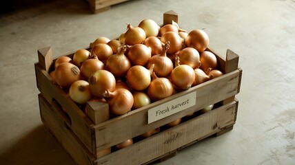 Crate of Fresh Harvest Onions with Label vegetable