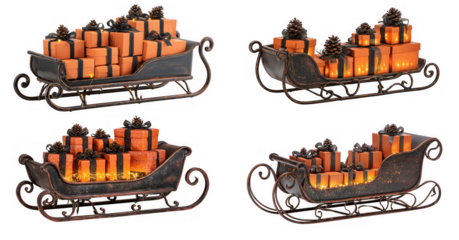 Four miniature christmas sleighs with gifts isolated on transparent background, perfect for adding a touch of festive charm to your holiday decor