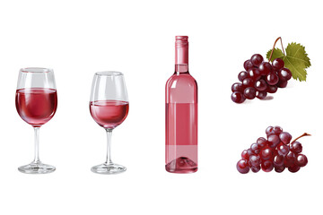 Wine Set: Glasses, Rosé Bottle, Red Grapes isolated on white transparent background