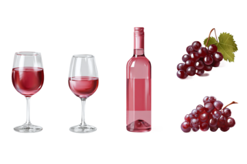 Wine Set: Glasses, Rosé Bottle, Red Grapes isolated on white transparent background