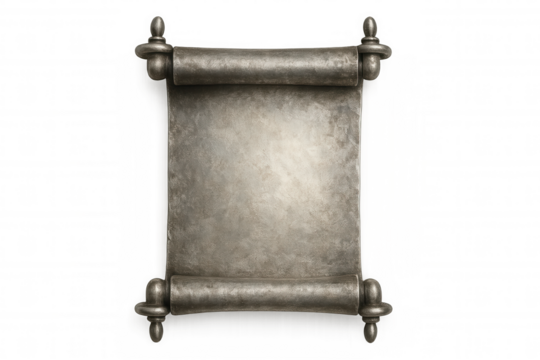 Old metallic scroll unrolled, showing a blank surface, ideal for adding custom text or designs, on a transparent background