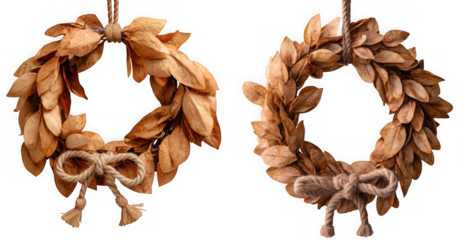 Two rustic christmas wreaths isolated on transparent background, perfect for adding a touch of natural charm to your holiday decor and festive celebrations