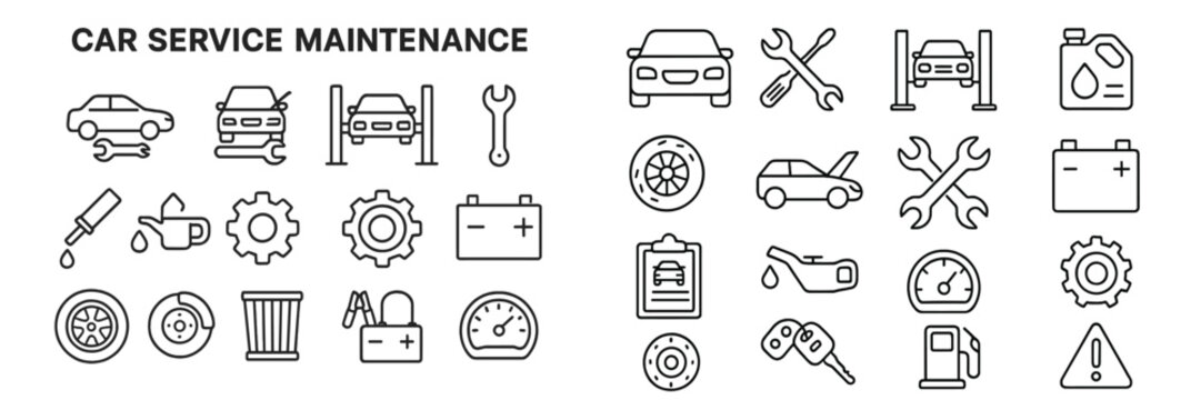Collection of car service maintenance icons illustrating various tasks and tools for vehicle care - Powered by Adobe
